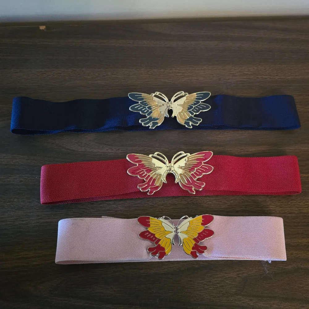 Vintage 70s 80s Butterfly Buckle Elastic Belts - Set of 3